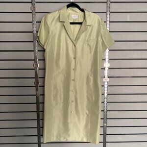 Vintage Liz Claiborne Green Raw Silk Button Front Shirt Dress 16